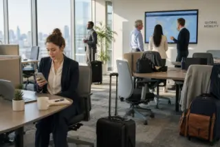 modern open office with scattered travel bags, professionals consulting devices and digital maps in a naturally lit, authentic work atmosphere